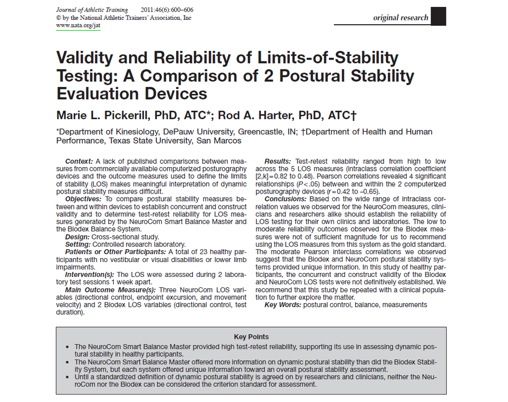 Validity and Reliability of Limits-of-Stability Testing: A Comparison of 2 Postural Stability Evaluation Devices